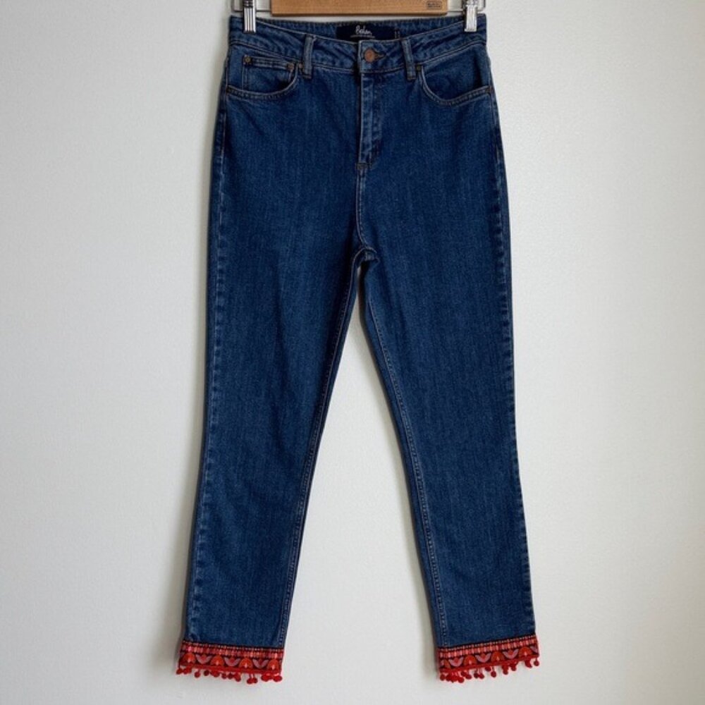 Talbots Blue Ankle Jeans with Red Embroidered Fringe - Picture 2 of 8